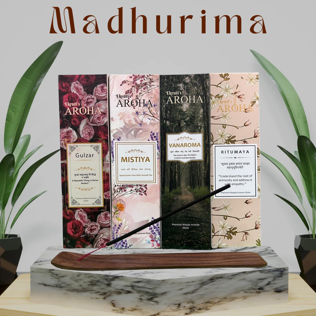 Aroha's Madhurima Combo Pack – Mistiya, Ritumaya, Vanaroma, Gulzar + Free Wooden Stand - 50g x 4