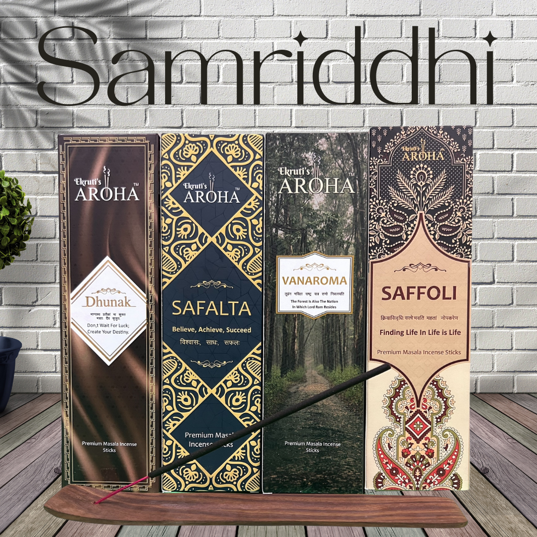 Aroha's Samriddhi Combo Pack – (Vanaroma, Safalta, Dhunak, Saffoli + Free Wooden Stand) - 50g x 4